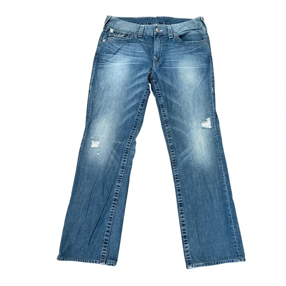 True Religion Straight Leg Jeans Mens 34 Blue Distressed Denim Flap Pockets